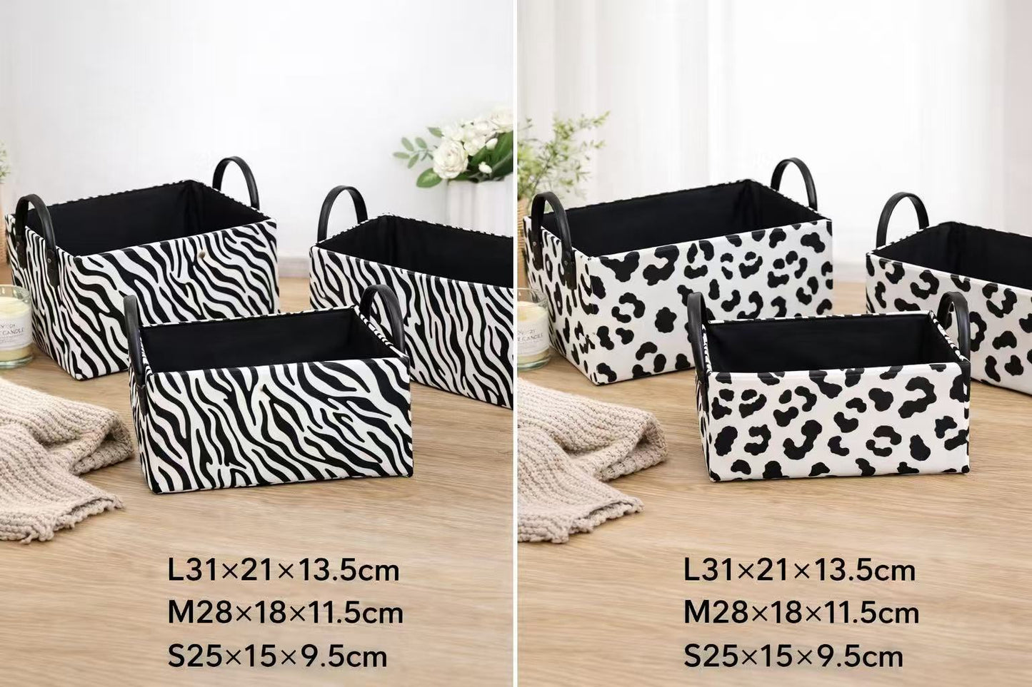 3-Piece Stylish Zebra & Cow Print Storage Baskets