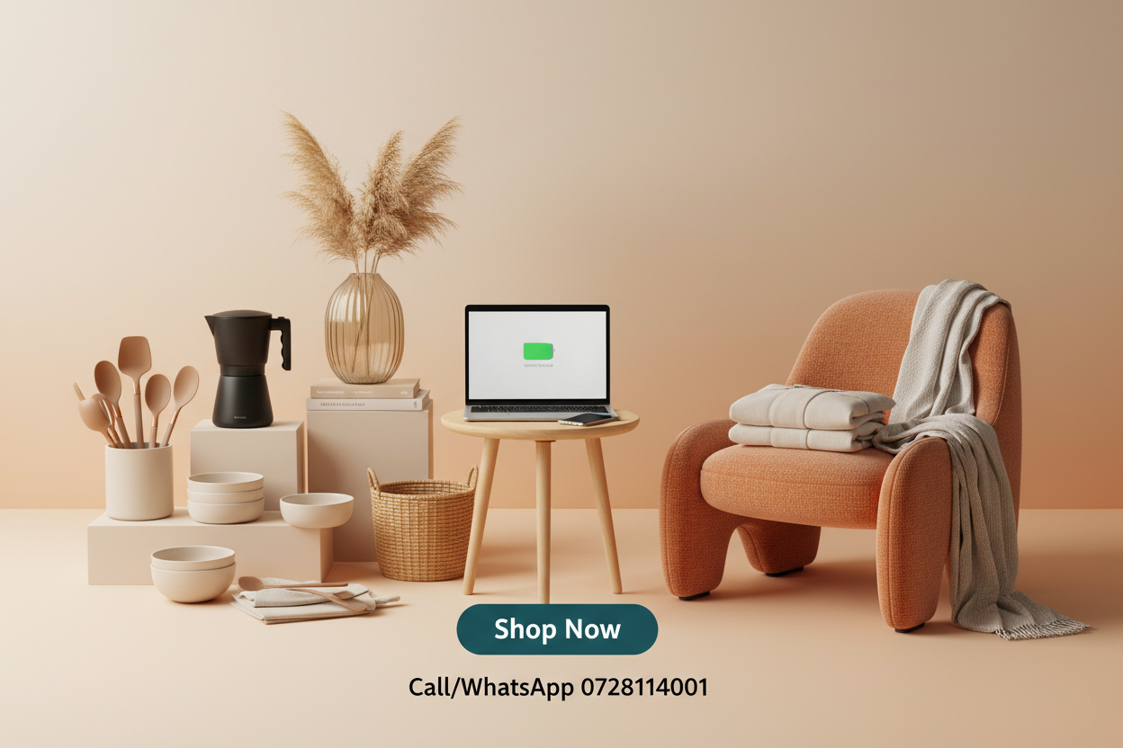 Generate a website banner for Khois Collections dealer in all household items such as utemsils, electronics, furniture, clothing, decorations etc. Maintain a warm background. Don't add any logo, but add a Shop Now button and Call/Whatsapp 0728114001