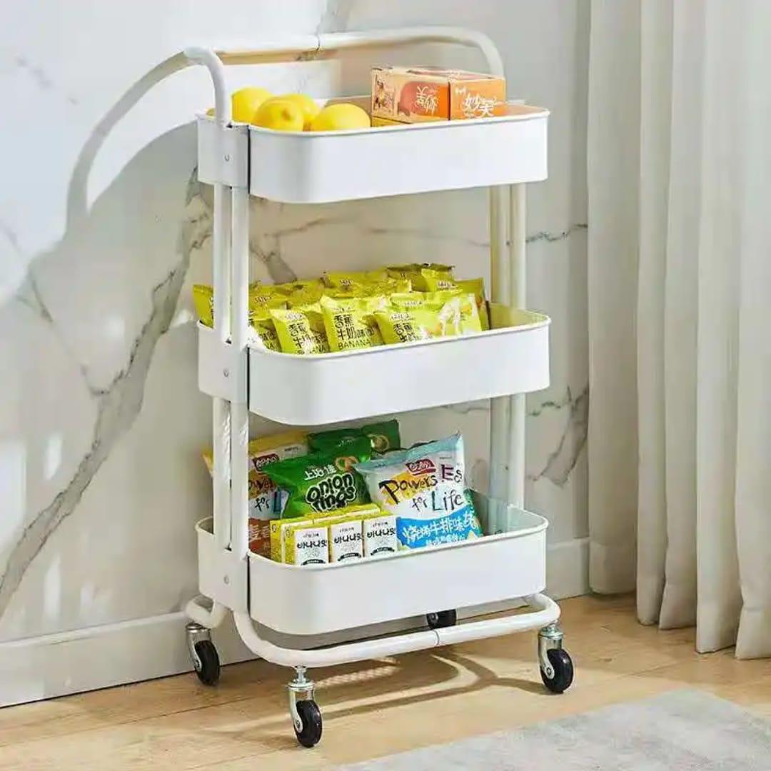 3-Tier Full Metallic Multi-Functional Movable Trolley Storage Rack with Lockable Wheels
