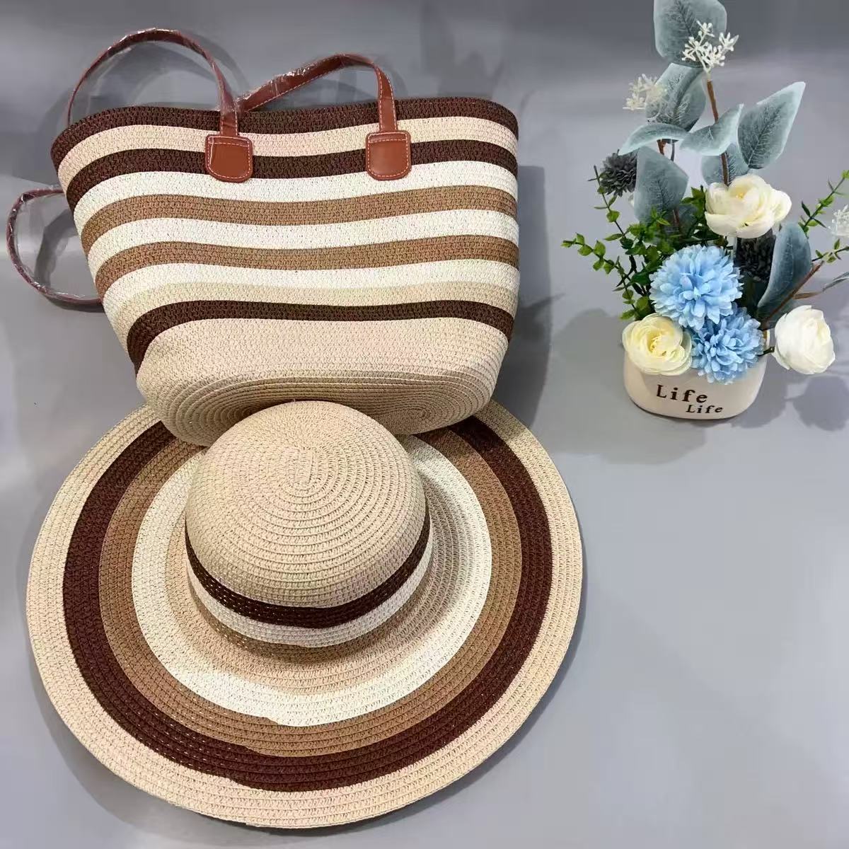 Summer Straw Woven Beach Bag + Hat Set