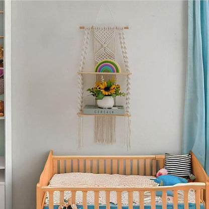 Woven Tapestry 2-Tier Bohemian Wall Hanging Floating Shelves