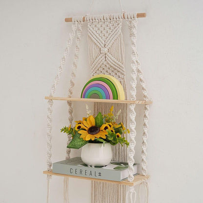 Woven Tapestry 2-Tier Bohemian Wall Hanging Floating Shelves