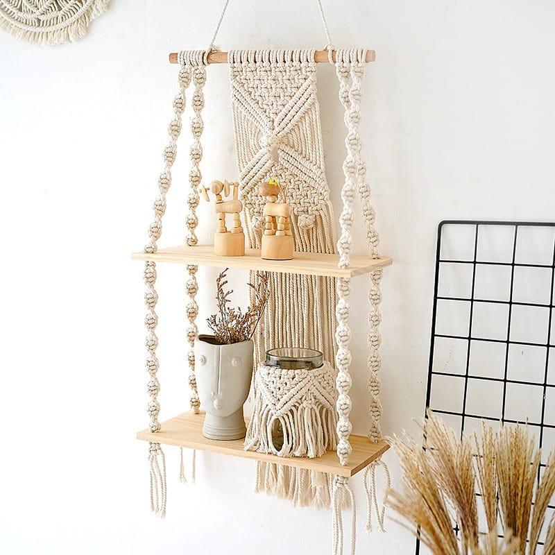 Woven Tapestry 2-Tier Bohemian Wall Hanging Floating Shelves