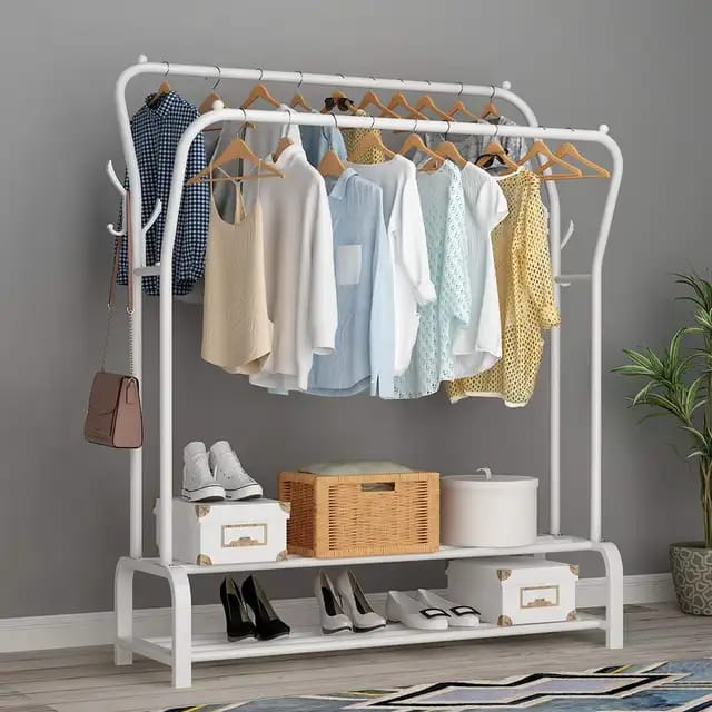 Curved Double Clothes Rack with Bottom Shelves & Side Hooks