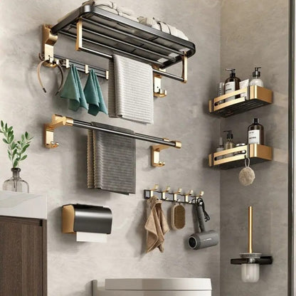 7pcs Gold Multifunctional Aluminum Bathroom Towel Storage Rack Set