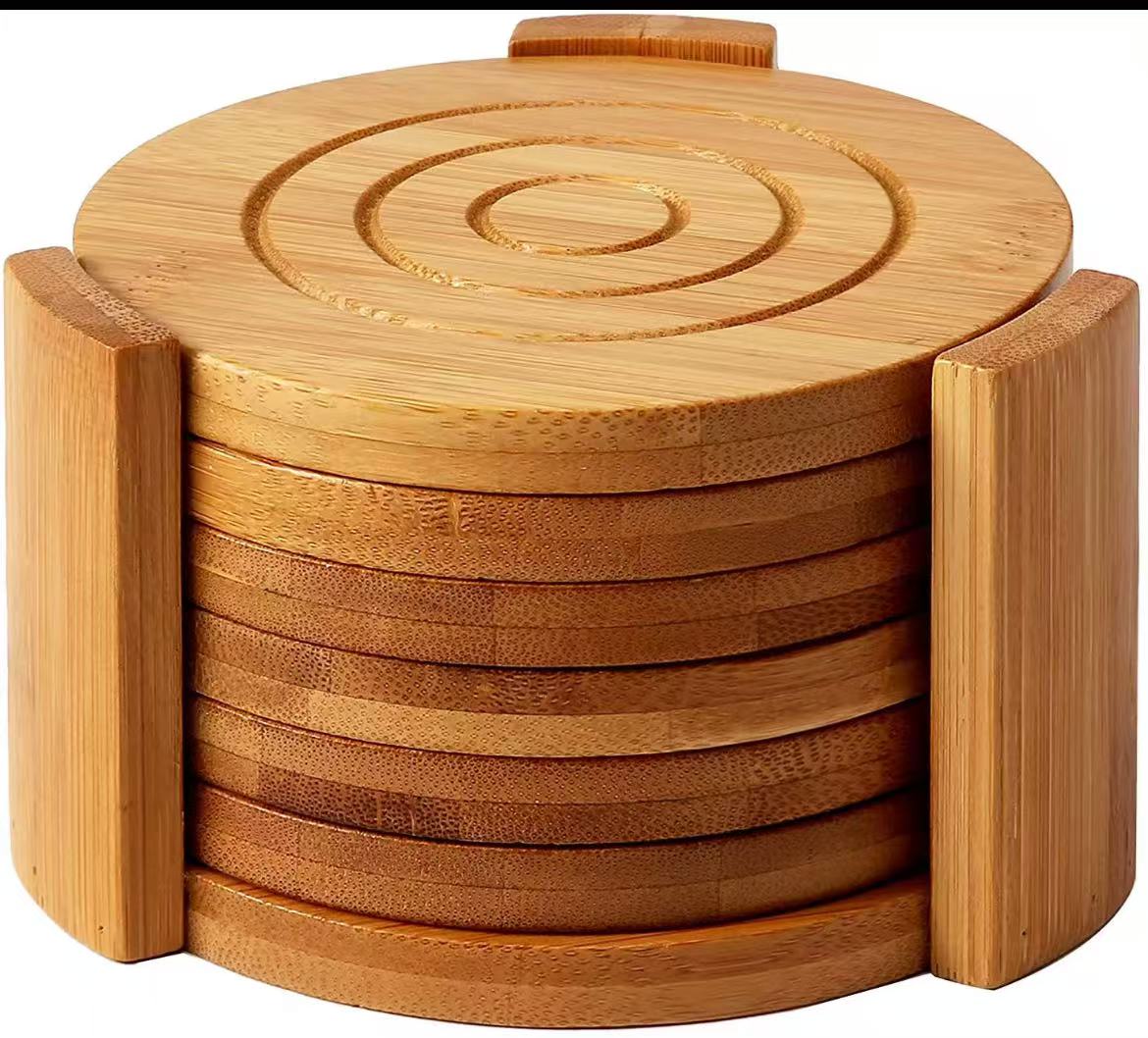 6pcs Round Bamboo Coaster Set