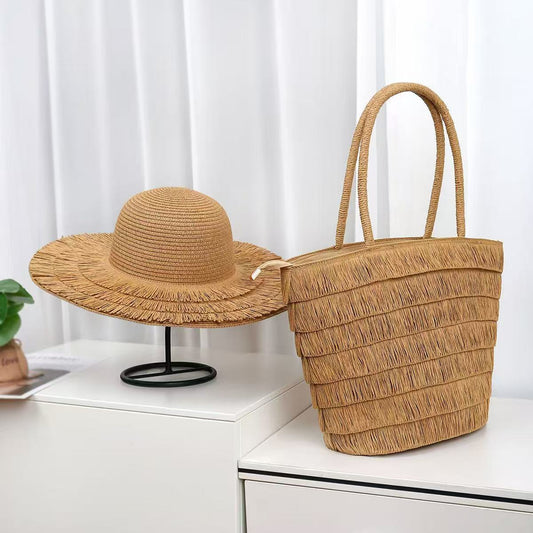 Summer Straw Woven Beach Bag + Hat Set