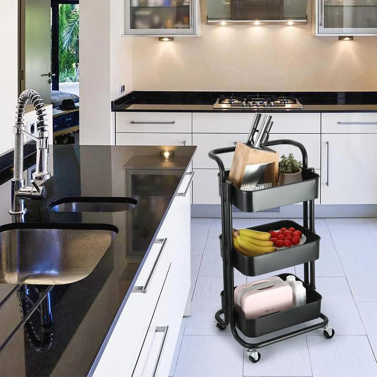 3-Tier Full Metallic Multi-Functional Movable Trolley Storage Rack with Lockable Wheels