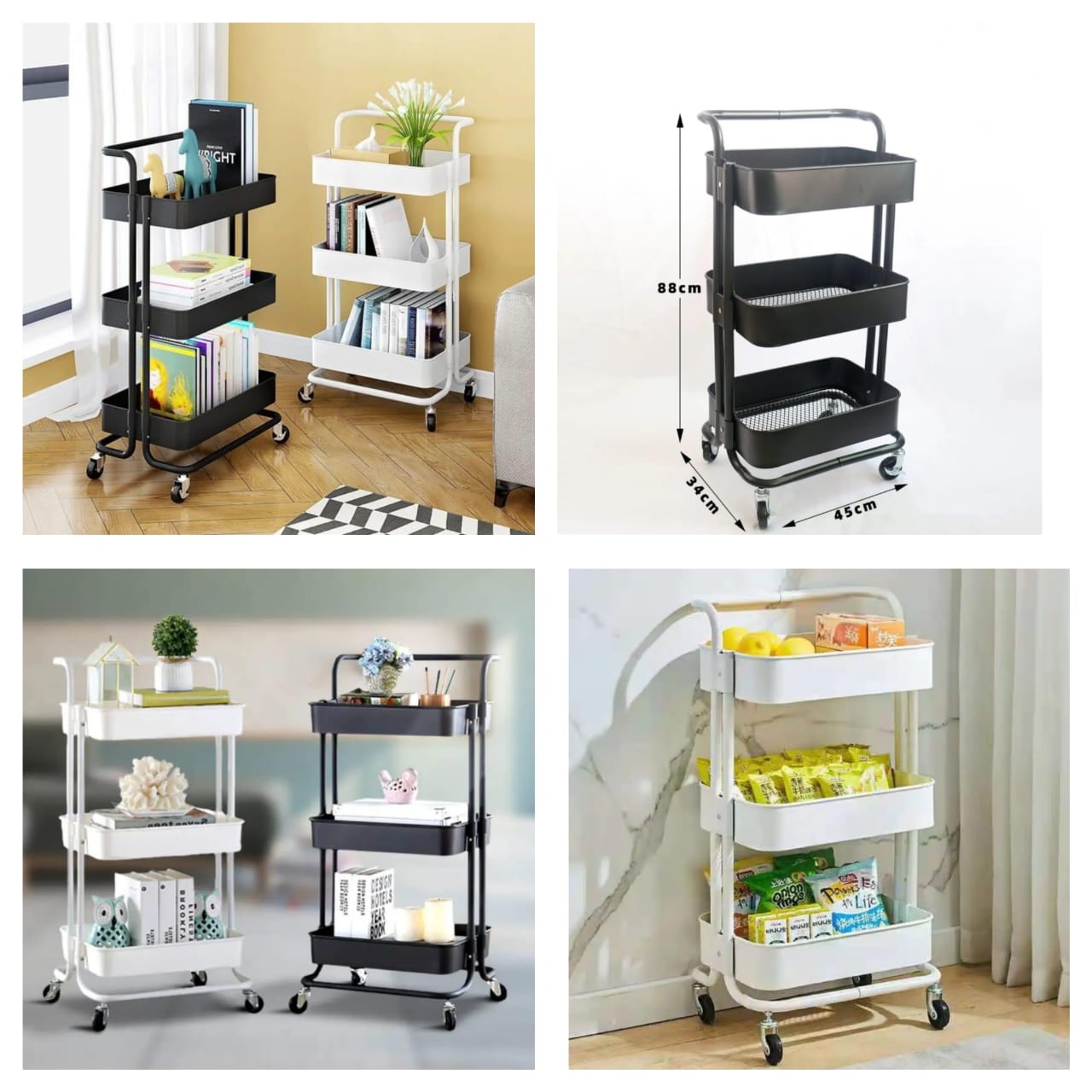 3-Tier Full Metallic Multi-Functional Movable Trolley Storage Rack with Lockable Wheels