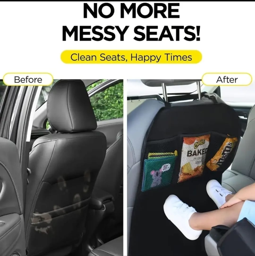 Car Back Seat Kick Mat + 3 Pockets Storage