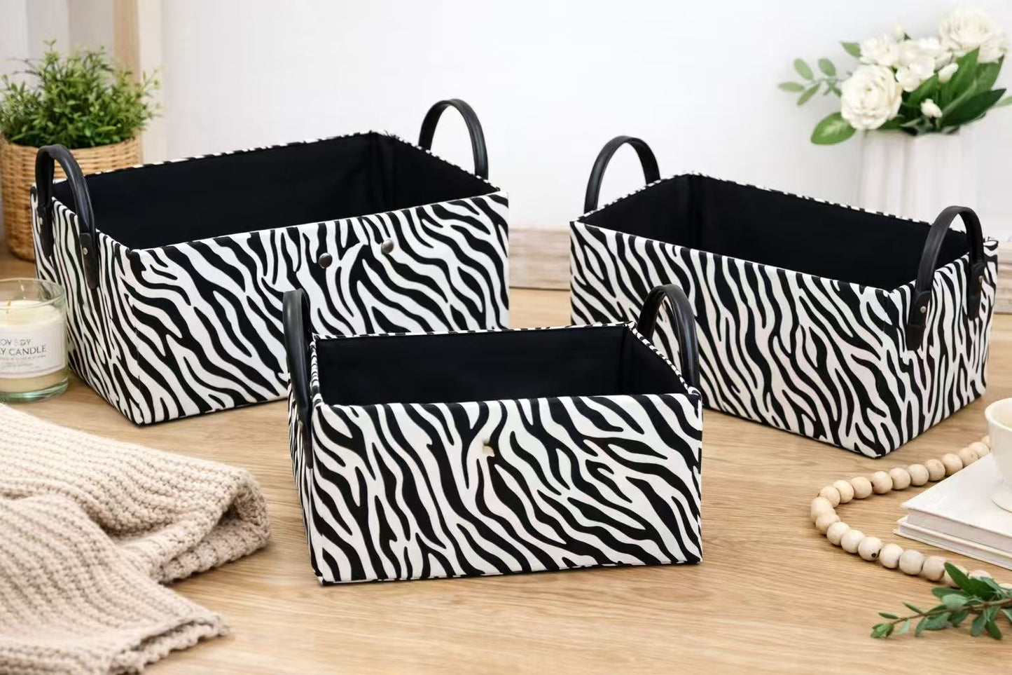 3-Piece Stylish Zebra & Cow Print Storage Baskets