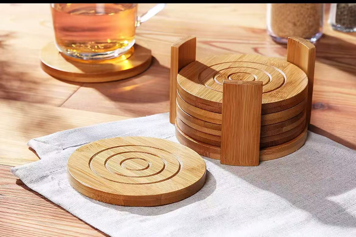 6pcs Round Bamboo Coaster Set