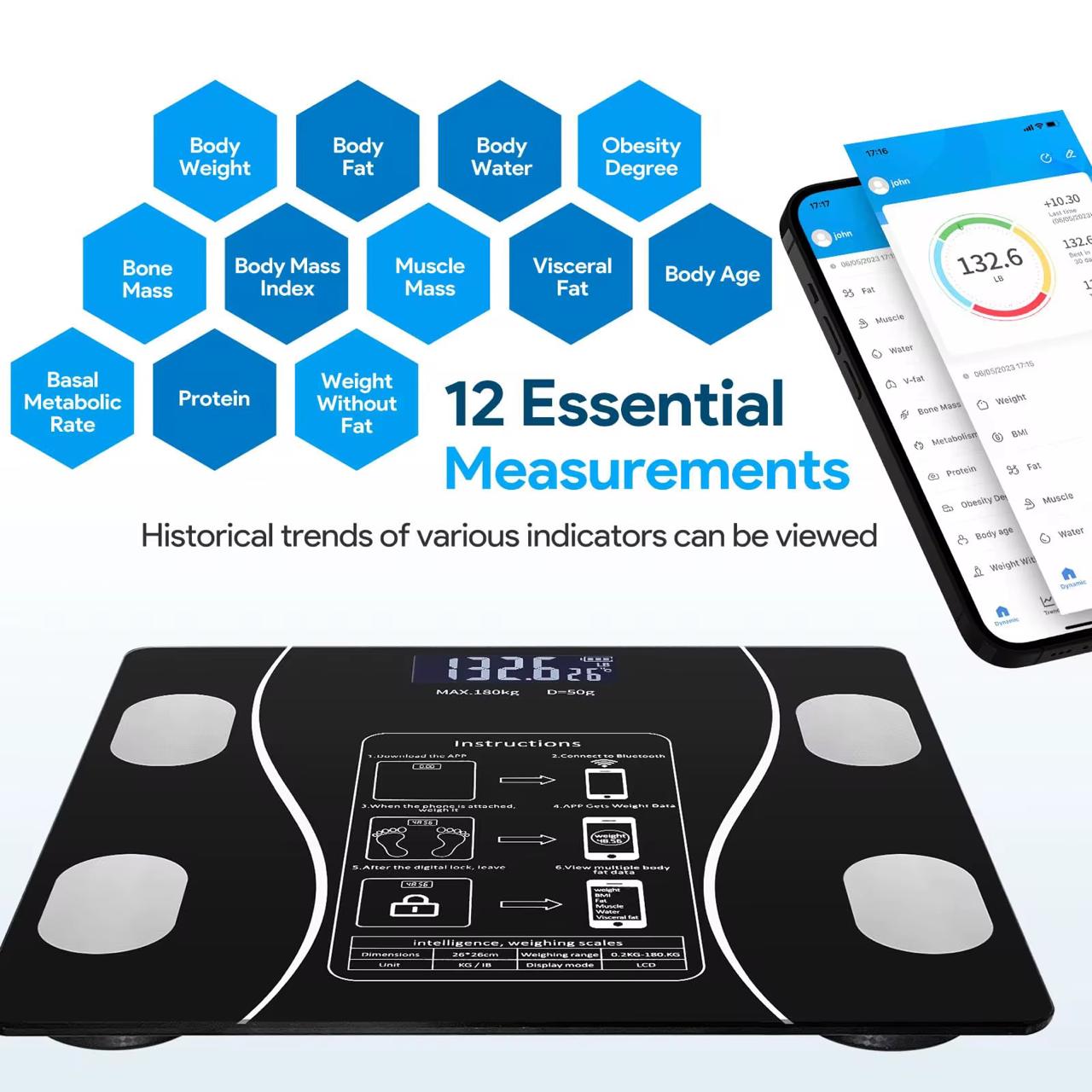 Intelligent Bluetooth BMI Body Weighing Scale – Black