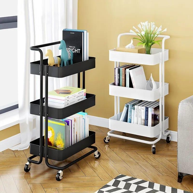 3-Tier Full Metallic Multi-Functional Movable Trolley Storage Rack with Lockable Wheels