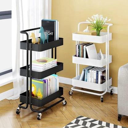 3-Tier Full Metallic Multi-Functional Movable Trolley Storage Rack with Lockable Wheels