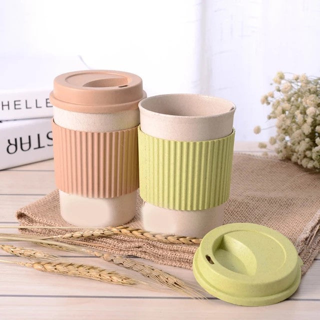 Reusable 350ml Wheat Straw Travel Coffee Mug with Lid & Stirrer