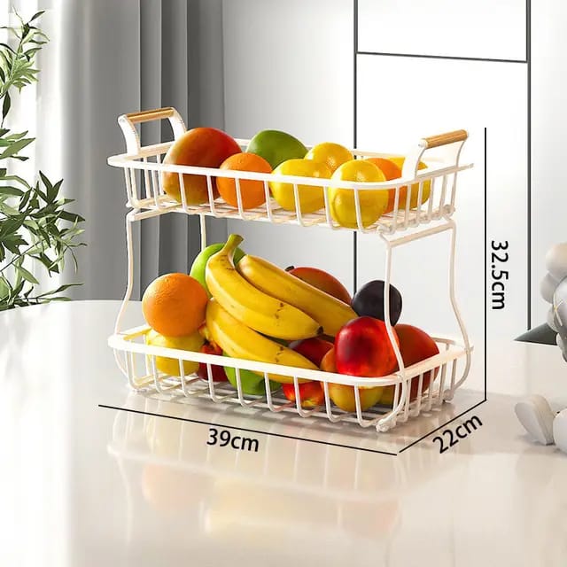 2-Tier Detachable Nordic Metallic Fruit & Vegetable Basket with Wooden Handles