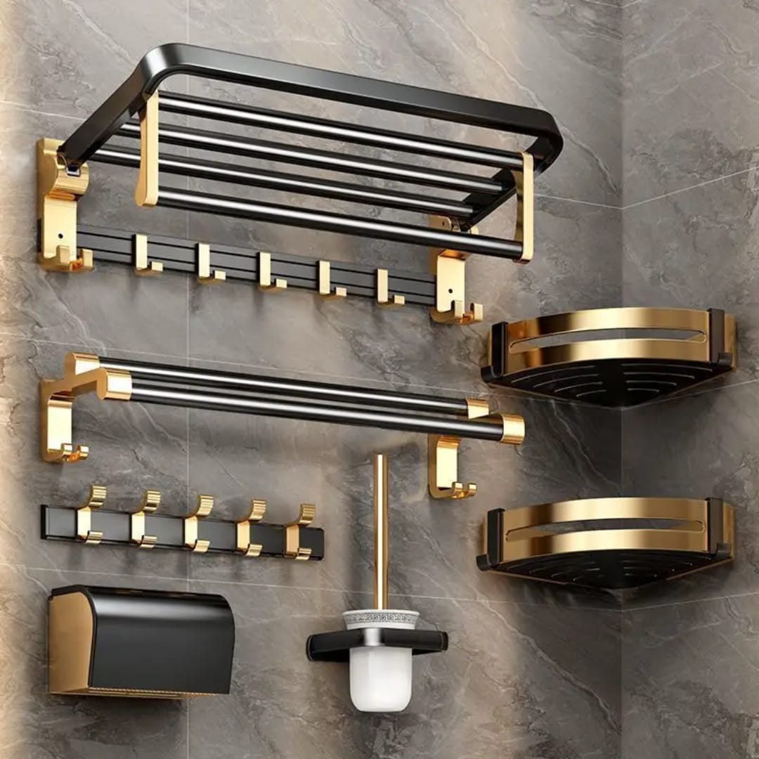 7pcs Gold Multifunctional Aluminum Bathroom Towel Storage Rack Set