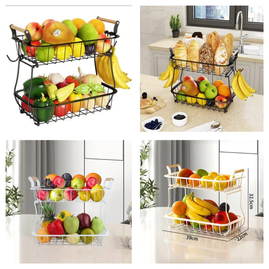 2-Tier Detachable Nordic Metallic Fruit & Vegetable Basket with Wooden Handles