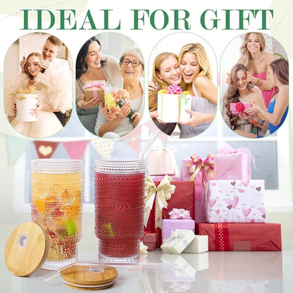 Vintage 475ml Embossed Glass Cups with Lids & Straws