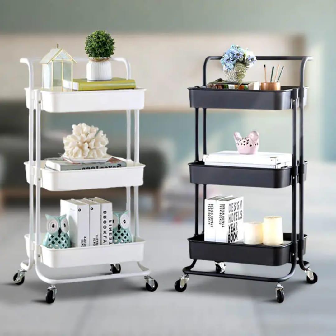 3-Tier Full Metallic Multi-Functional Movable Trolley Storage Rack with Lockable Wheels