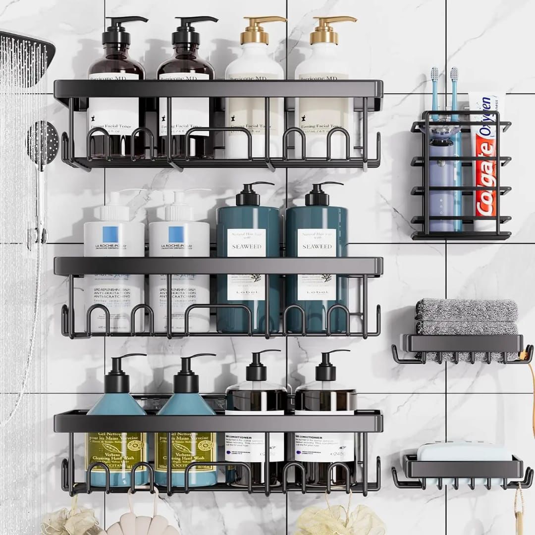 6pcs Shower Caddy Shelf – Bathroom Organizer with Adhesive Stickers