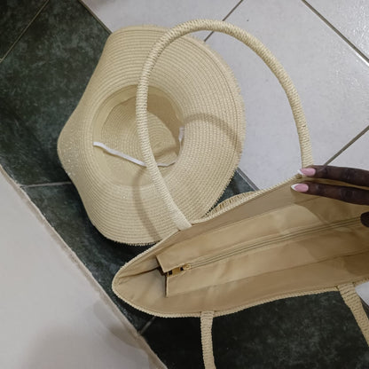 Summer Straw Woven Beach Bag + Hat Set