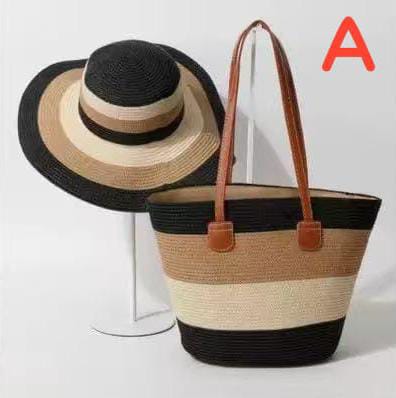 Summer Straw Woven Beach Bag + Hat Set