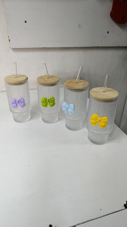 Vintage 475ml Embossed Glass Cups with Lids & Straws