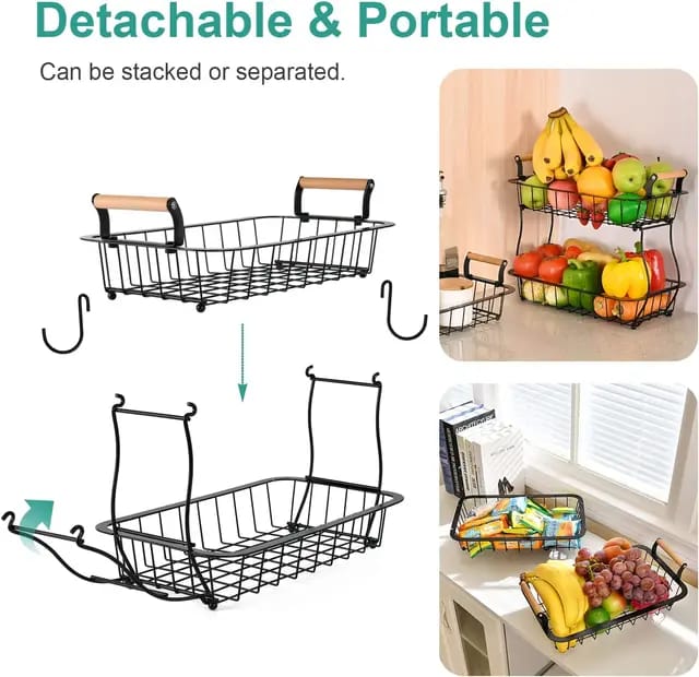 2-Tier Detachable Nordic Metallic Fruit & Vegetable Basket with Wooden Handles