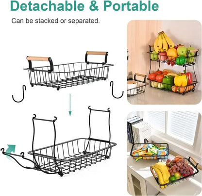 2-Tier Detachable Nordic Metallic Fruit & Vegetable Basket with Wooden Handles