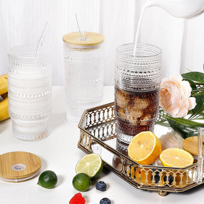Vintage 475ml Embossed Glass Cups with Lids & Straws