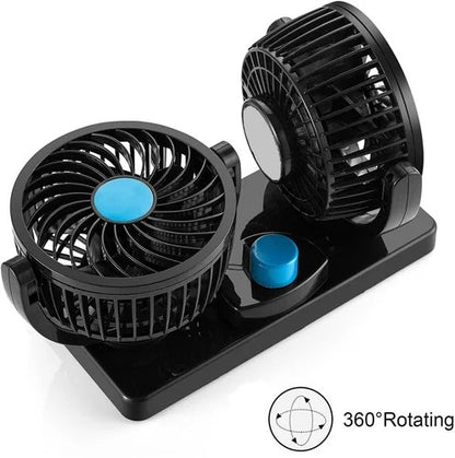 12V Dual Head Car Dashboard/Windshield Fan – 360° Rotatable Cooling!