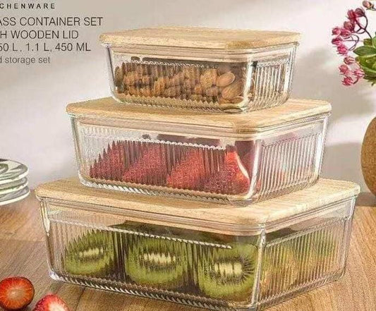 3pcs Set Ribbed Glass Food Storage Containers with Bamboo Lids
