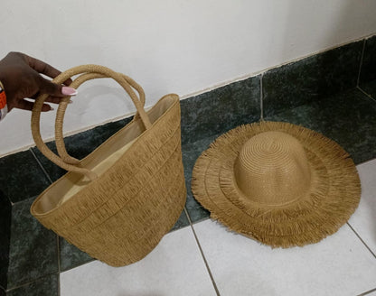 Summer Straw Woven Beach Bag + Hat Set