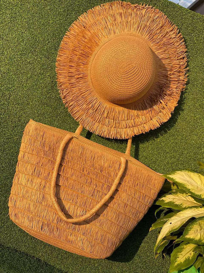 Summer Straw Woven Beach Bag + Hat Set