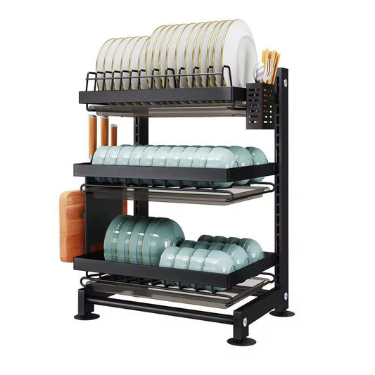 3-Tier Heavy-Duty Adjustable Dish Drying Rack with Drainboard & Utensils Holder