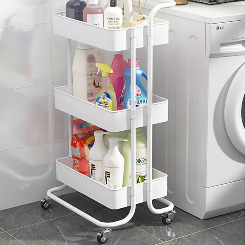 3-Tier Full Metallic Multi-Functional Movable Trolley Storage Rack with Lockable Wheels