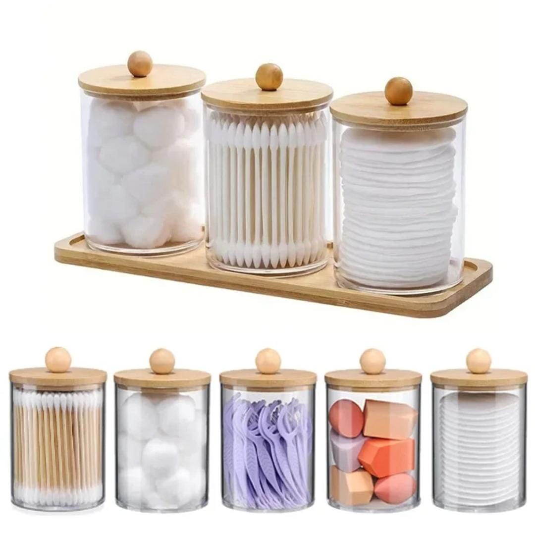 3pcs Acrylic Swab Storage Organizer Set with Bamboo Holder
