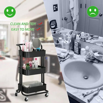 3-Tier Full Metallic Multi-Functional Movable Trolley Storage Rack with Lockable Wheels