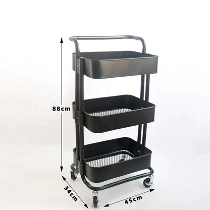 3-Tier Full Metallic Multi-Functional Movable Trolley Storage Rack with Lockable Wheels