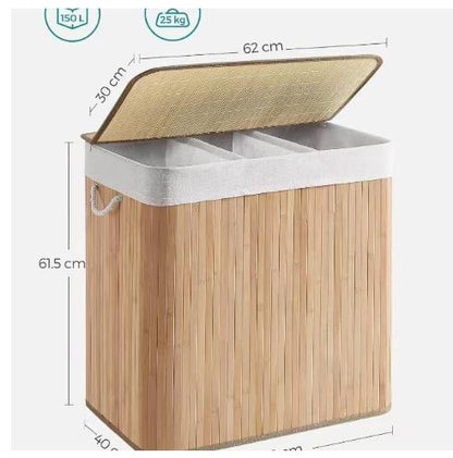 3-Grid Foldable Bamboo Laundry Basket