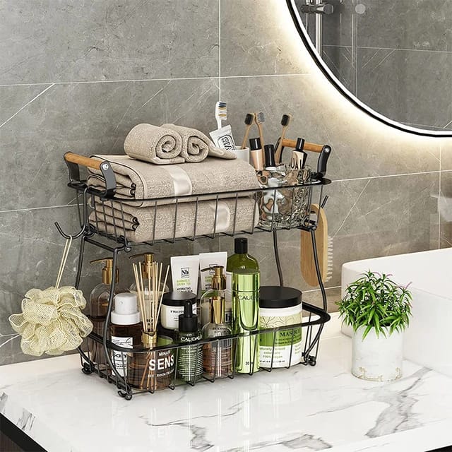 2-Tier Detachable Nordic Metallic Fruit & Vegetable Basket with Wooden Handles