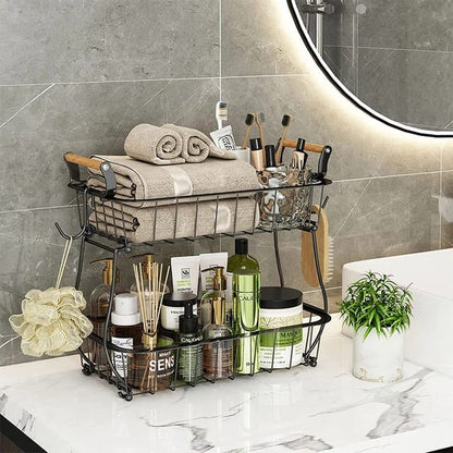 2-Tier Detachable Nordic Metallic Fruit & Vegetable Basket with Wooden Handles